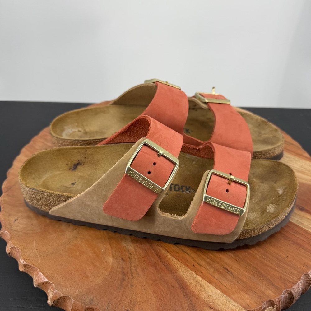 Birkenstock Arizona Sandals Split Nubuck Leather colorblock coral tan 39 US 8